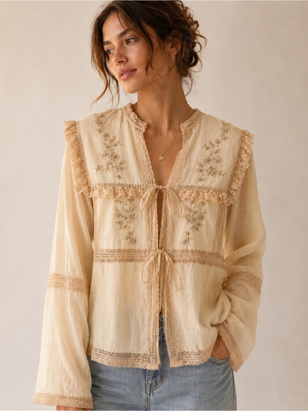 Zara Limited Edition Embroidered Lace Tie Front Blouse Butter Yellow S NWT
